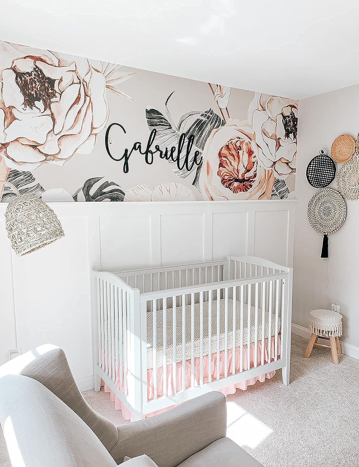 PINNKKU 4-Piece Crib Bedding Set for Girls, Baby Girl Bedding Crib Set, Cunas para Bebes, White, Blush Pink Flower Crib Skirt, Blanket, Crib Sheet and Diaper Stacker, Crib Bedding Sets for Girls - Image 6